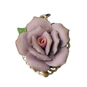 Vintage Purple Lilac Porcelain Rose Heart Gold Toned Pendant